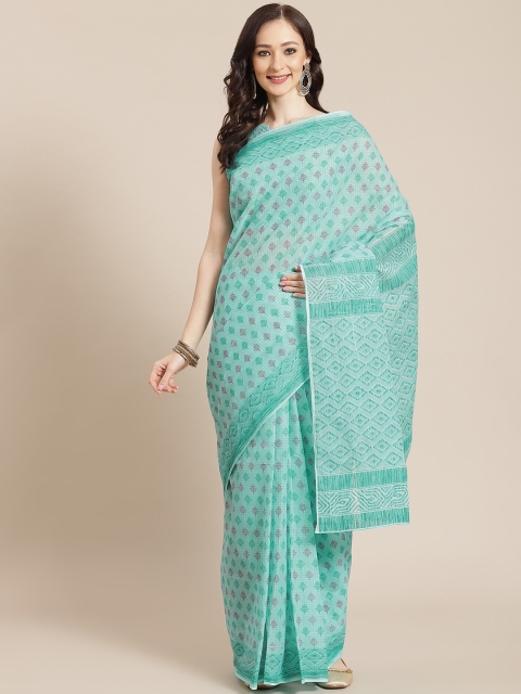 

Satrani Women Turquoise Blue & Pink Floral Pure Cotton Saree