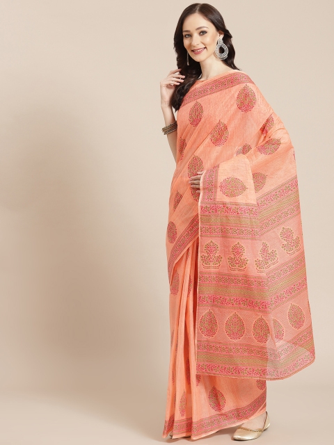 

Satrani Women Peach-Coloured & Pink Ethnic Motifs Pure Cotton Saree