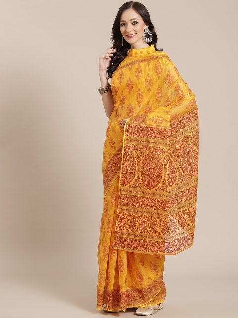 

Satrani Women Mustard Yellow & Red Ethnic Motifs Pure Cotton Saree