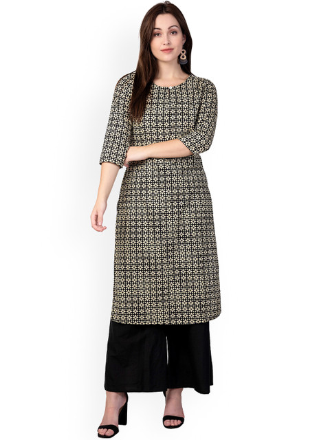 

Wodreams Women Black Checked Mirror Work Block Print Kurta