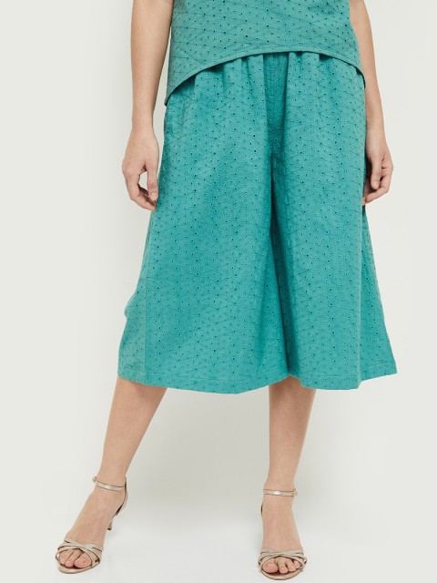 

max Women Sea Green Cotton Embroidered Culottes Trousers