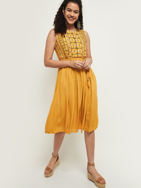 

max Mustard Women Mustard Yellow Embroidered Fit & Flare Dress