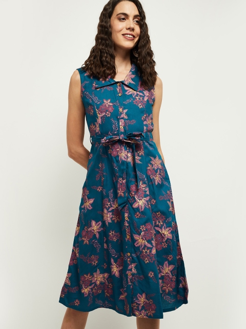 

max Blue & Mauve Floral Pure Cotton Dress