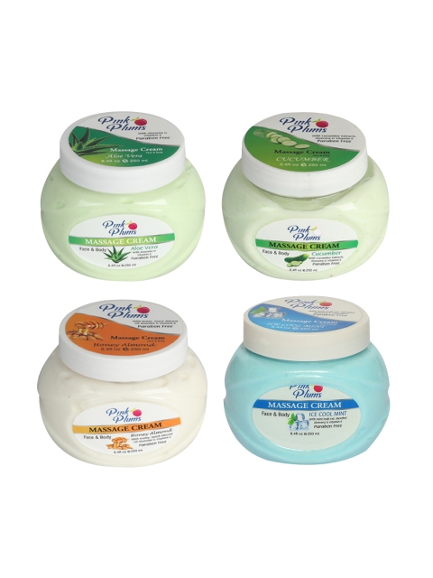 

Pink Plums Set of 4 Aloe Vera, Cucumber, Honey Almond & Ice Cool Mint Massage Creams, Multi