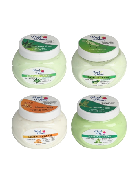 

Pink Plums Set of 4 Aloevera, Cucumber, Honey Almond &Neem Tulsi Massage Cream-250ml Each, Multi
