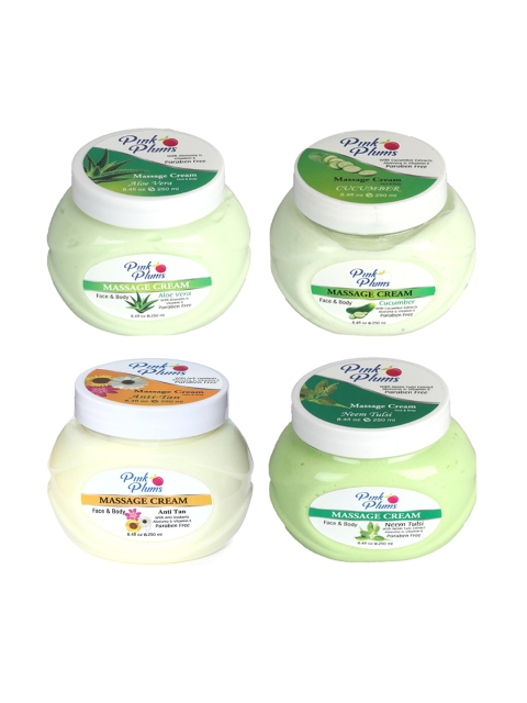 

Pink Plums Set of 4 Aloevera, Cucumber, Neem Tulsi & Anti- Tan Massage Cream-250ml Each, Multi