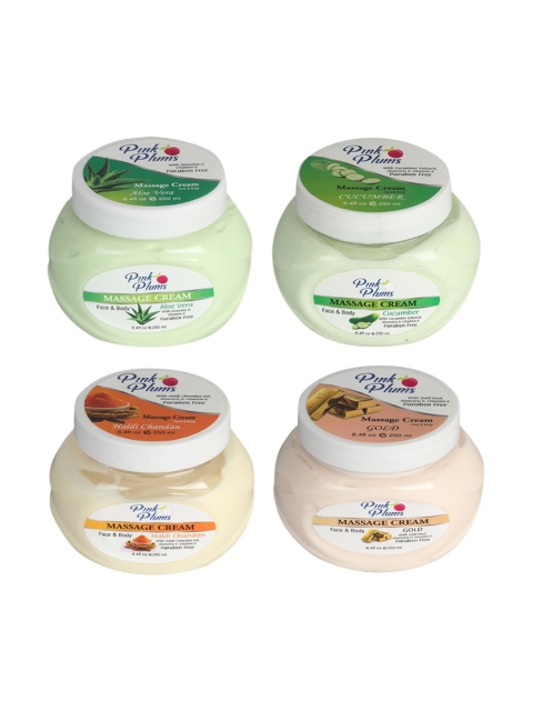 

Pink Plums Set of Aloe Vera-Gold-Cucumber-Haldi Chandan Massage Cream 250 ml Each, Multi
