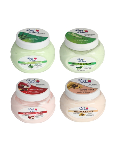 

Pink Plums Set of 4 Aloevera Cucumber Fruit Mix Gold Face & Body Massage Creams, Multi