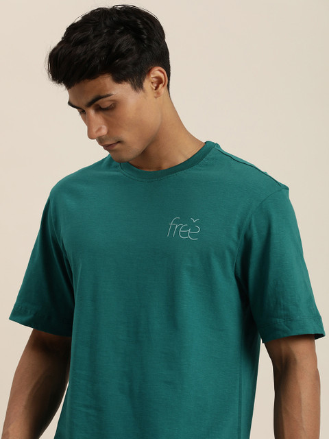 

ether Men Teal green Printed Round Neck Pure Cotton Oversized T-shirt