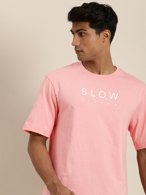 

ether Men Pink Typography Print Round Neck Pure Cotton Oversized T-shirt