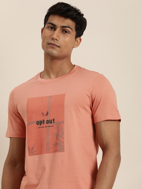 

ether Men Coral Pink Conversational Pure Cotton Slim Fit T-shirt with Rubber Print