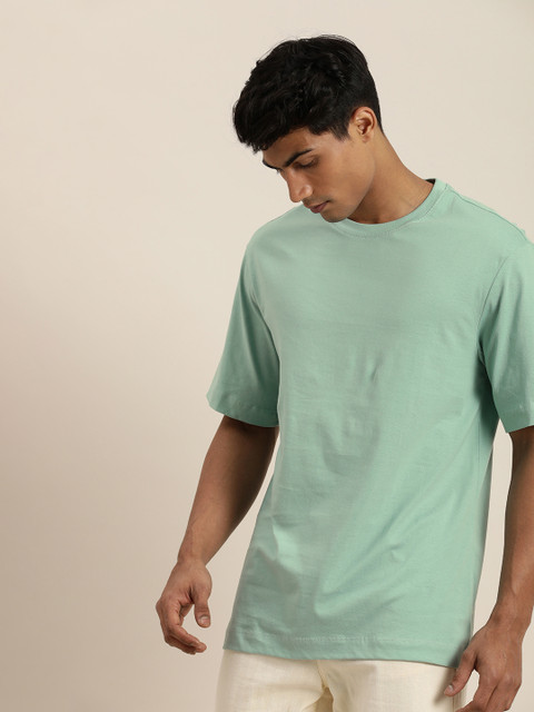 

ether Men Mint Solid Round Neck Cotton Relaxed Fit T-shirt, Blue
