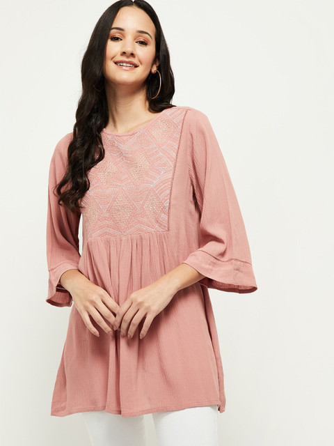 

max Women Pink Viscose Rayon Embroidered Tunic