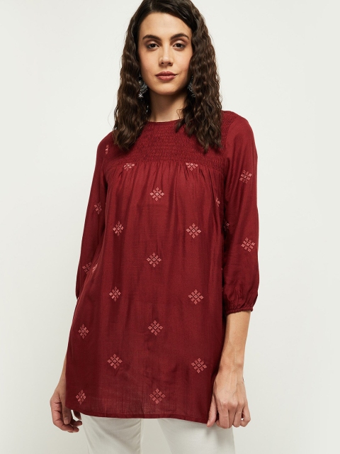 

Max Women Maroon & Pink Smocked Viscose Rayon Embroidered Tunic