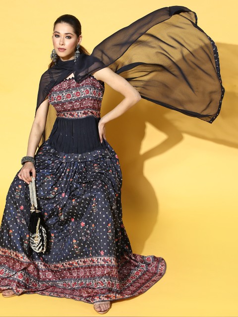 

ZOLA Deep Navy Blue Printed Ready to Wear Lehenga Choli with Dupatta