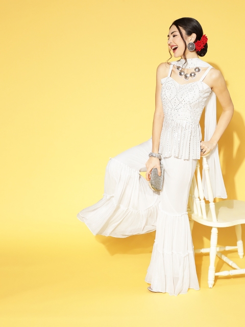 

ZOLA White Poly Georgette Short Kurti with Sharara
