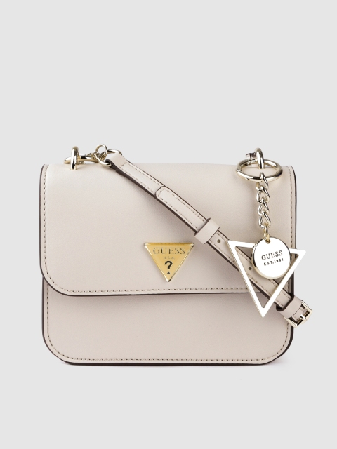 

GUESS Beige Solid Structured Sling Bag with Tab Detachable Sling Strap & Pouch