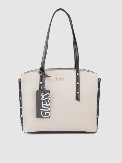 

GUESS Cream-Coloured & Black Solid Structured Handheld Bag
