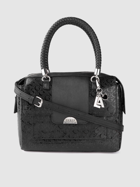 

GUESS Black Brand Logo Textured Handheld Bag with Tab Detachable Sling Strap & Pouch