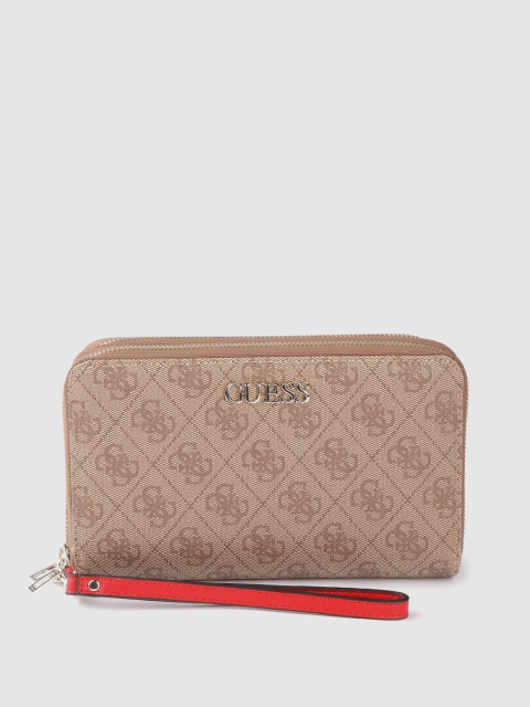 

GUESS Women Beige & Brown Brand Logo Print Zip Around Wallet