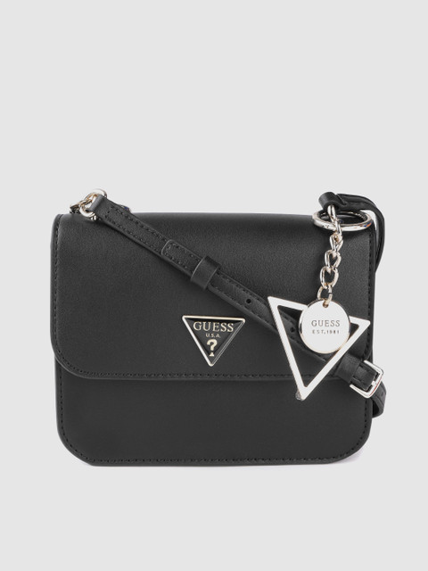 

GUESS Black & Silver-Toned Solid Structured Sling Bag