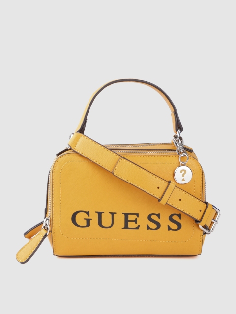 

GUESS Mustard Yellow & Black Brand Logo Print Sling Bag