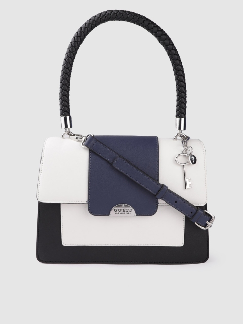 

GUESS White & Navy Blue Colourblocked Satchel with Tab Detachable Sling Strap & Pouch