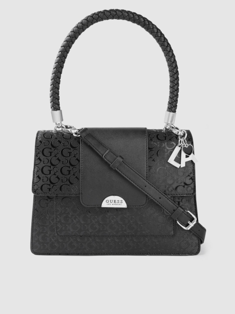 

GUESS Black Brand Logo Textured Structured Satchel with Tab Detachable Sling Strap Pouch