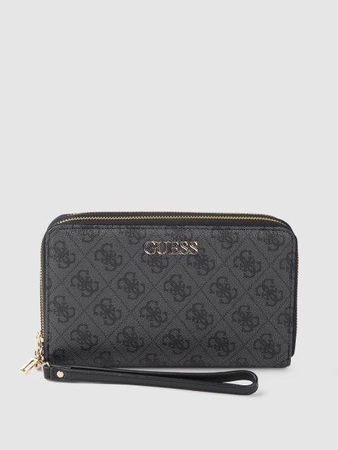

GUESS Women Charcoal Grey & Black Brand Logo Print Zip Around Wallet