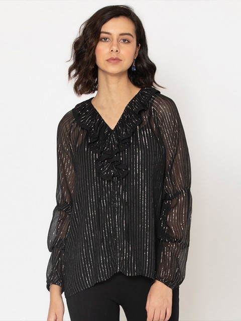 

SHAYE Black Striped Ruffles Georgette Top
