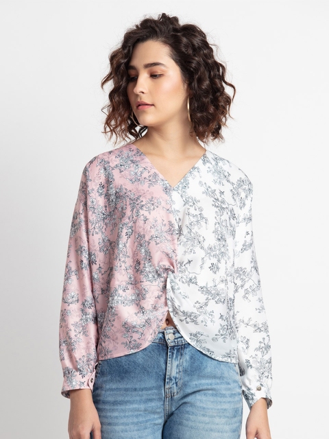 

SHAYE Women White & Blue Floral Printed V-neck Cinched Waist Top