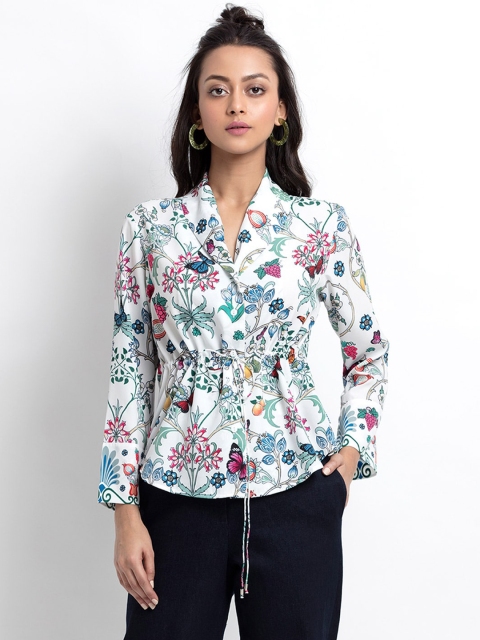 

SHAYE White Floral Print Cinched Waist Top