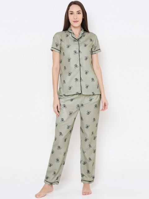 

FashionRack Women Olive Green & Black Cartoon Characters Printed Night Suit