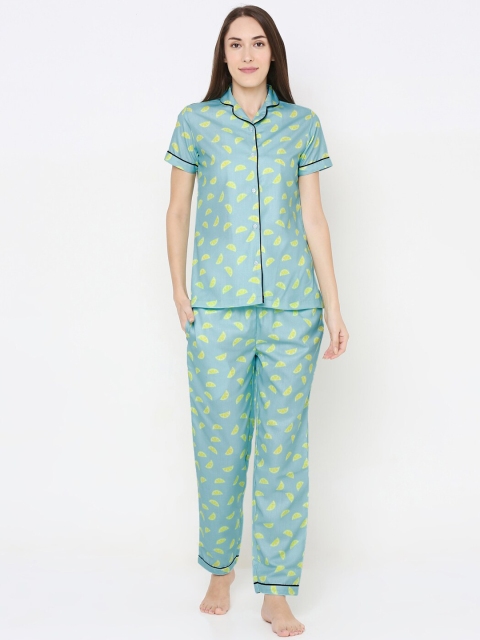 

FashionRack Women Blue & Yellow Abstract Printed Cotton Night Suits