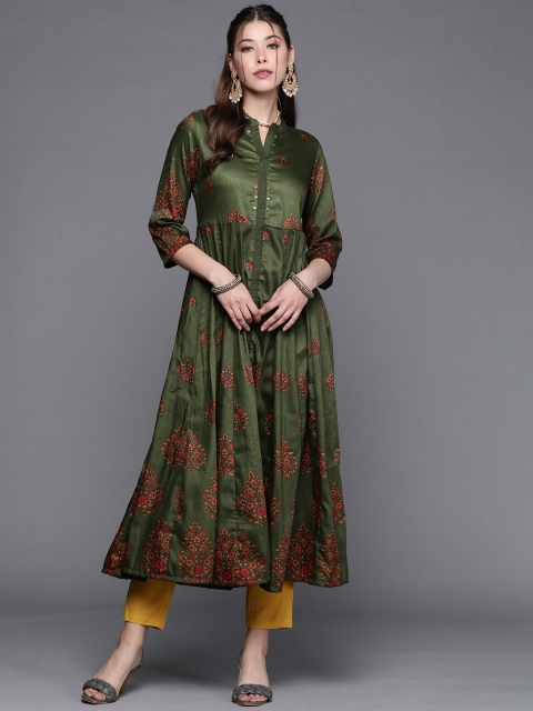 

PINKSKY Women Green Ethnic Motifs Printed Panelled Kurta with Trousers