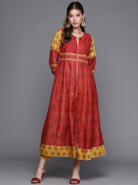 

PINKSKY Women Red Ethnic Motifs Printed Panelled Mirror Work Kurta with Trousers