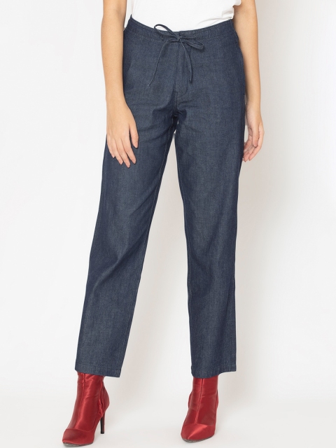 

SHAYE Women Blue Solid Relaxed Straight Leg Denim Trousers