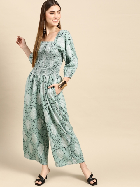 

Anouk Women Green & Navy Blue Floral Printed Smocked Basic Jumpsuit