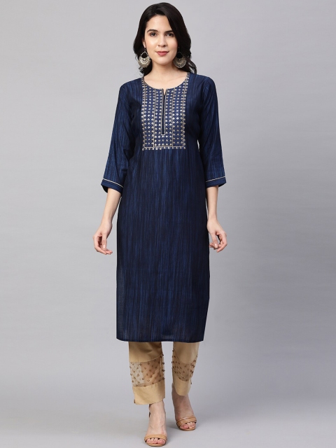 

FASHOR Women Navy Blue Yoke Design Embroidered Kurta