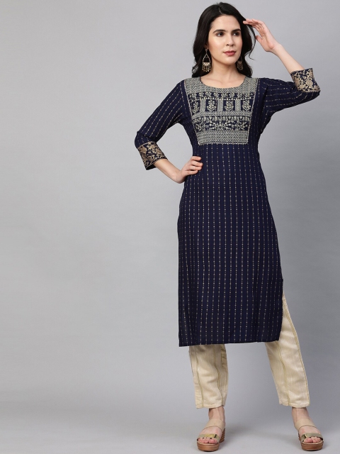 

FASHOR Women Navy Blue Yoke Design Kurta