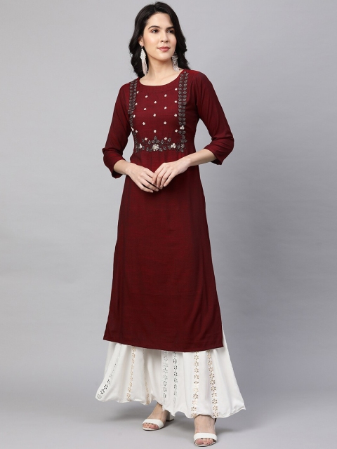 

FASHOR Women Maroon & White Ethnic Motifs Embroidered Kurta