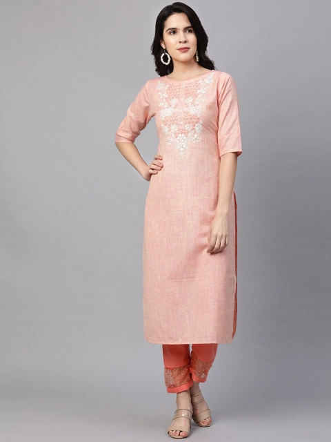 

FASHOR Women Peach-Coloured Floral Embroidered Thread Work Kurta