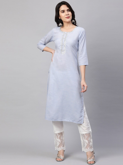 

FASHOR Women Blue Ethnic Motifs Yoke Design Mirror Work Kurta