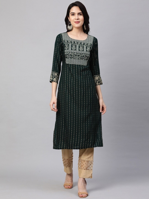 

FASHOR Woman Green Ethnic Motifs Striped Thread Work Kurta