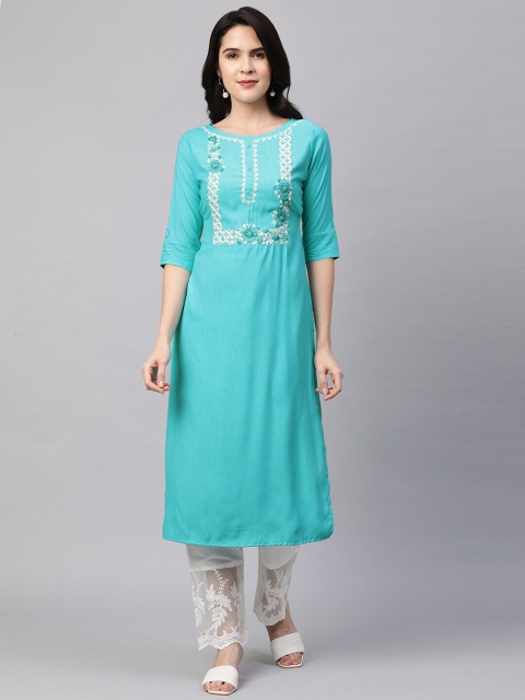 

FASHOR Women Turquoise Blue & White Ethnic Motifs Yoke Design Straight Kurta