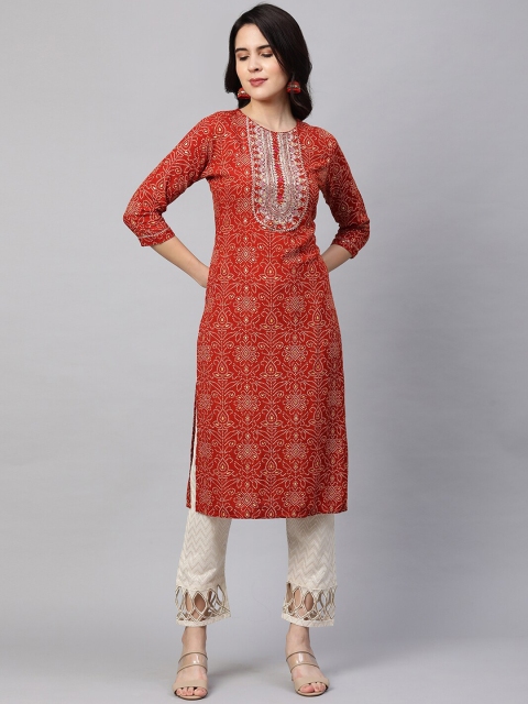 

FASHOR Women Orange Ethnic Motifs Printed &Embroidered Kurta