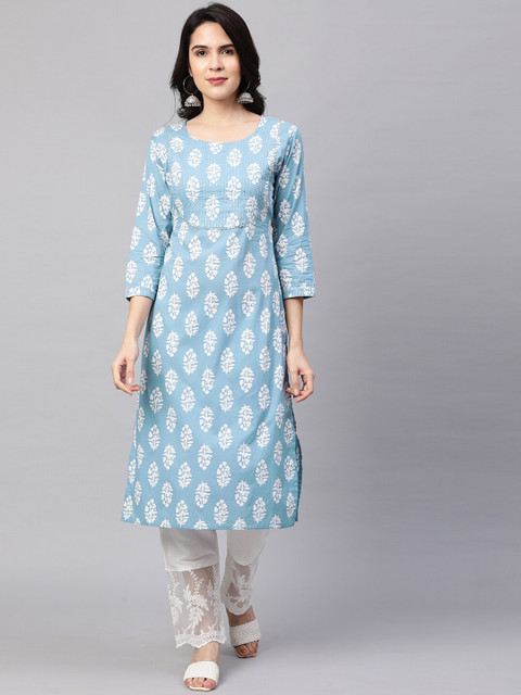 

FASHOR Women Blue & White Ethnic Motifs Printed Cotton Silk Kurta