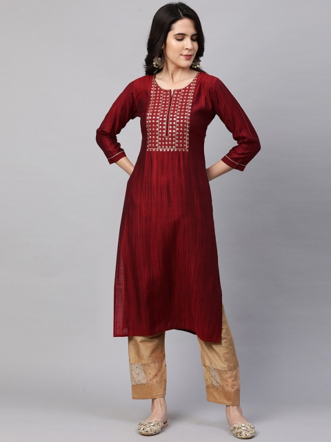 

FASHOR Women Red Embroidered Kurta