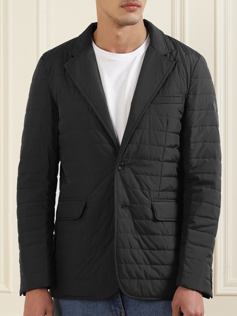 

HACKETT LONDON Men Black Quilted Pure Cotton Single Breasted Blazer