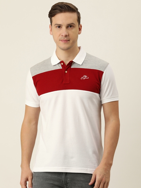 

Peter England Casuals Men White & Maroon Colourblocked Polo Collar Slim Fit T-shirt